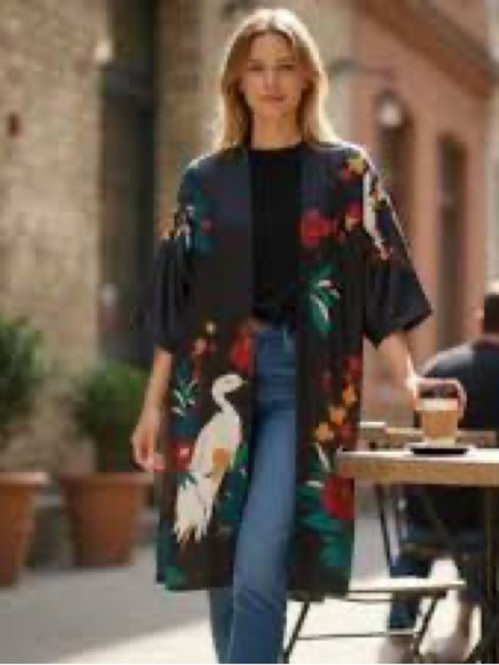Chico’s Black Floral & Crane Kimono Robe - Lightweight Open Front
